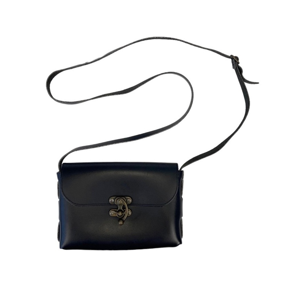 Vintage Crossbody Purse Bag‎ Black Old Gold Twist Lock Medival PU Leather Square